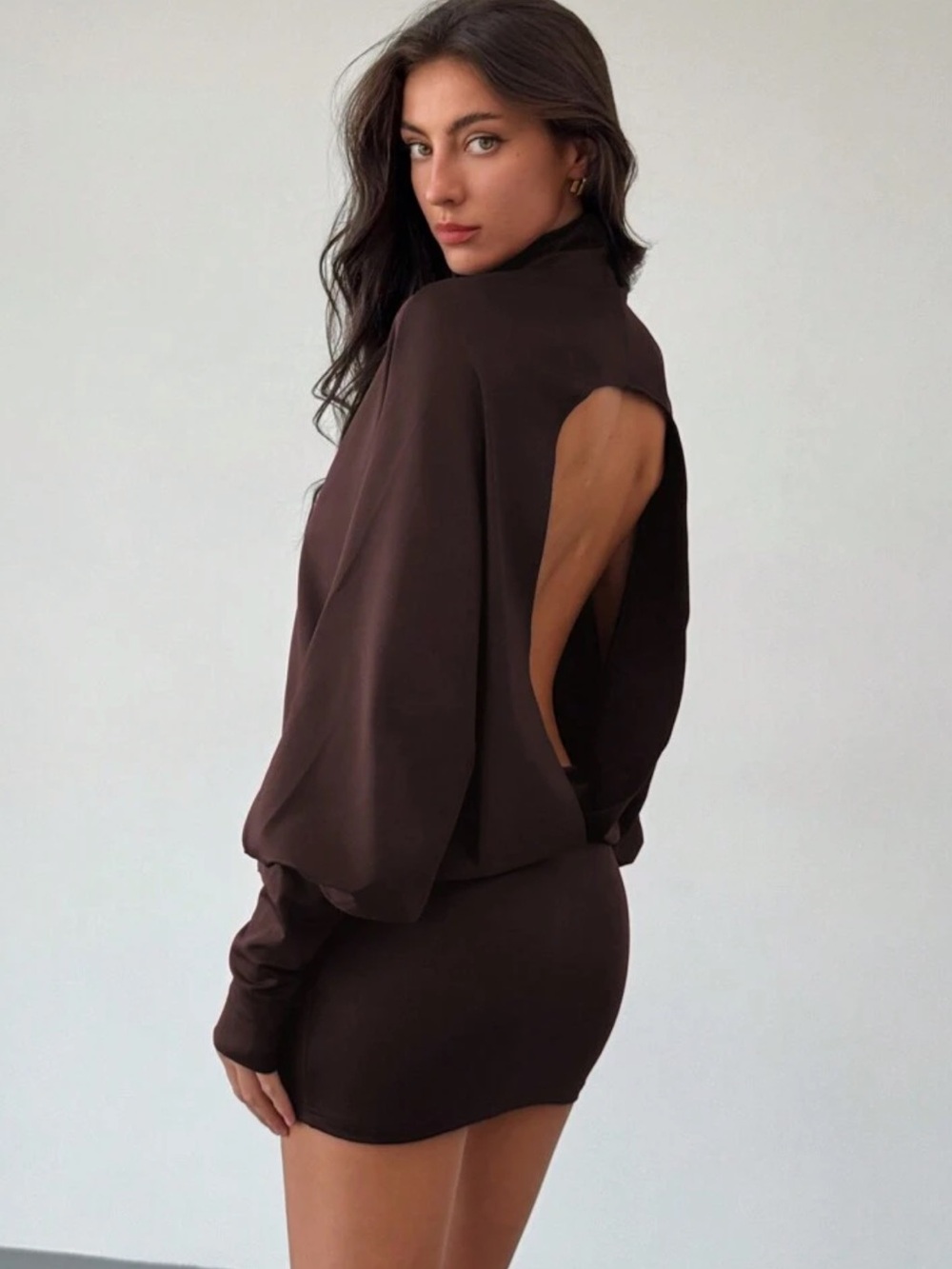 Aloruh Fashionable Turtleneck Batwing Sleeve Open Back Bodycon Mini Dress